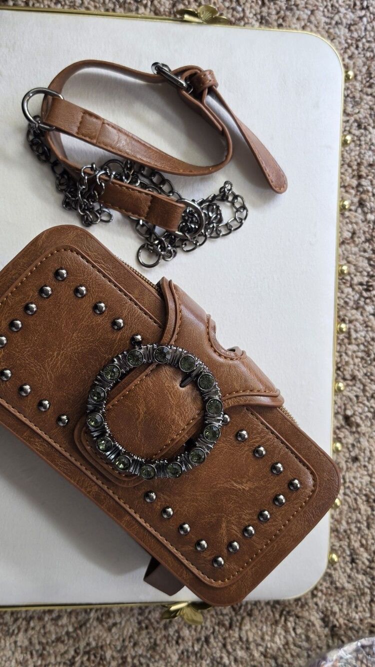Brown Studded Buckle Folding Women's Clutch Wallet Solid Pattern